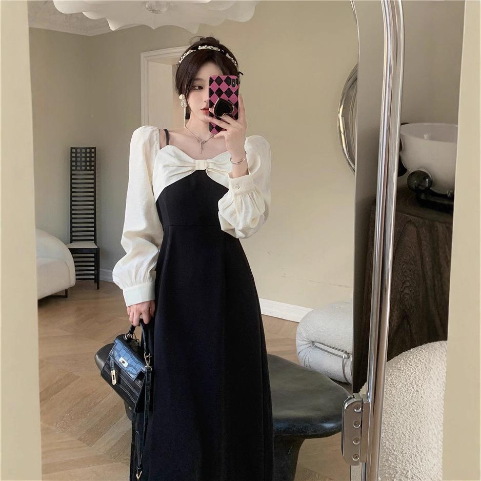 Large size early autumn temperament off-the-shoulder dress for women's new fat sister to cover her belly and show her thinness French Hepburn skirt