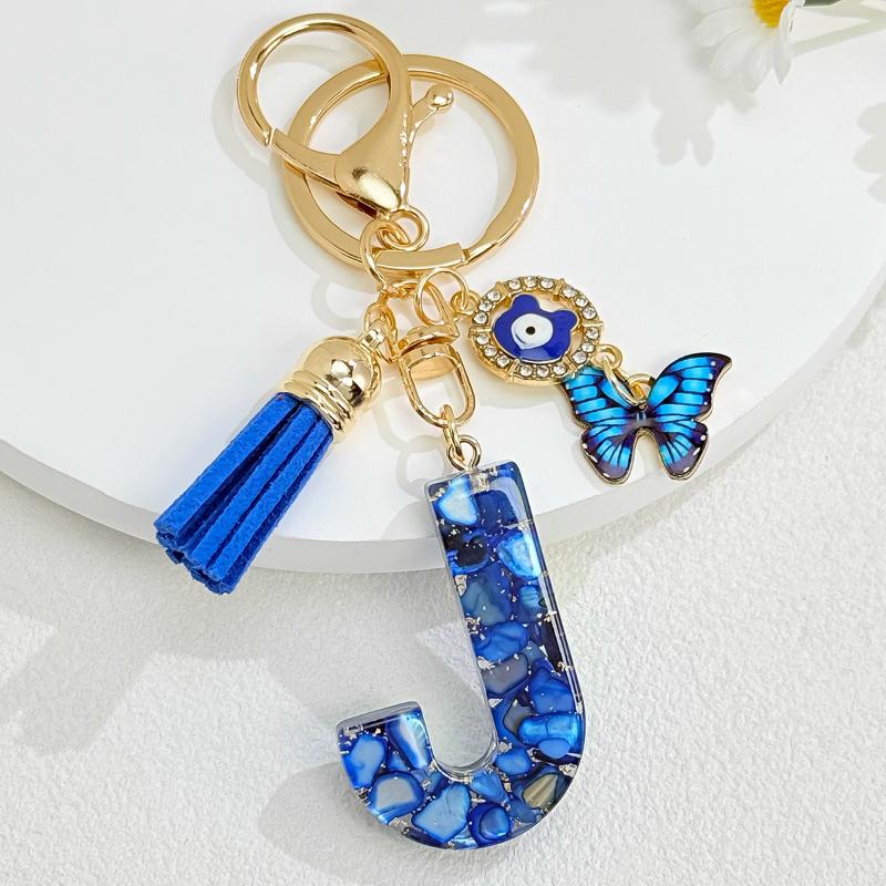 Fashion Blue Glazed Stone A To Z Letter Keychain 26 Initials Alphabet Butterfly Tassel Pendant Car Keyring Women Jewelry Gifts