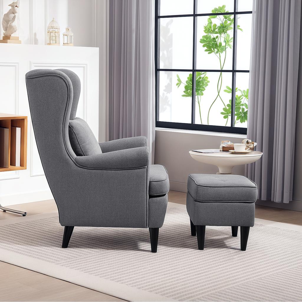 Living Room Armchair in Fabric with Footstool Pouf, High Backrest and Cushion, 75x83x104 cm, Grey