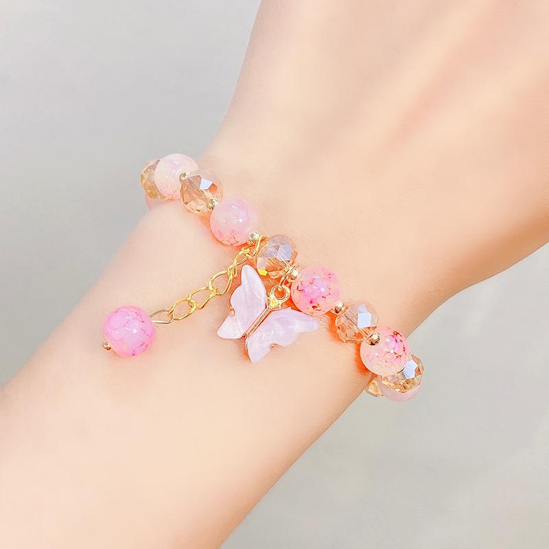 Cute Kids Glass Beaded Bracelet Princess Cartoon Crystal Flower Charm Bangle Handmade Jewelry Gift For Girls Students