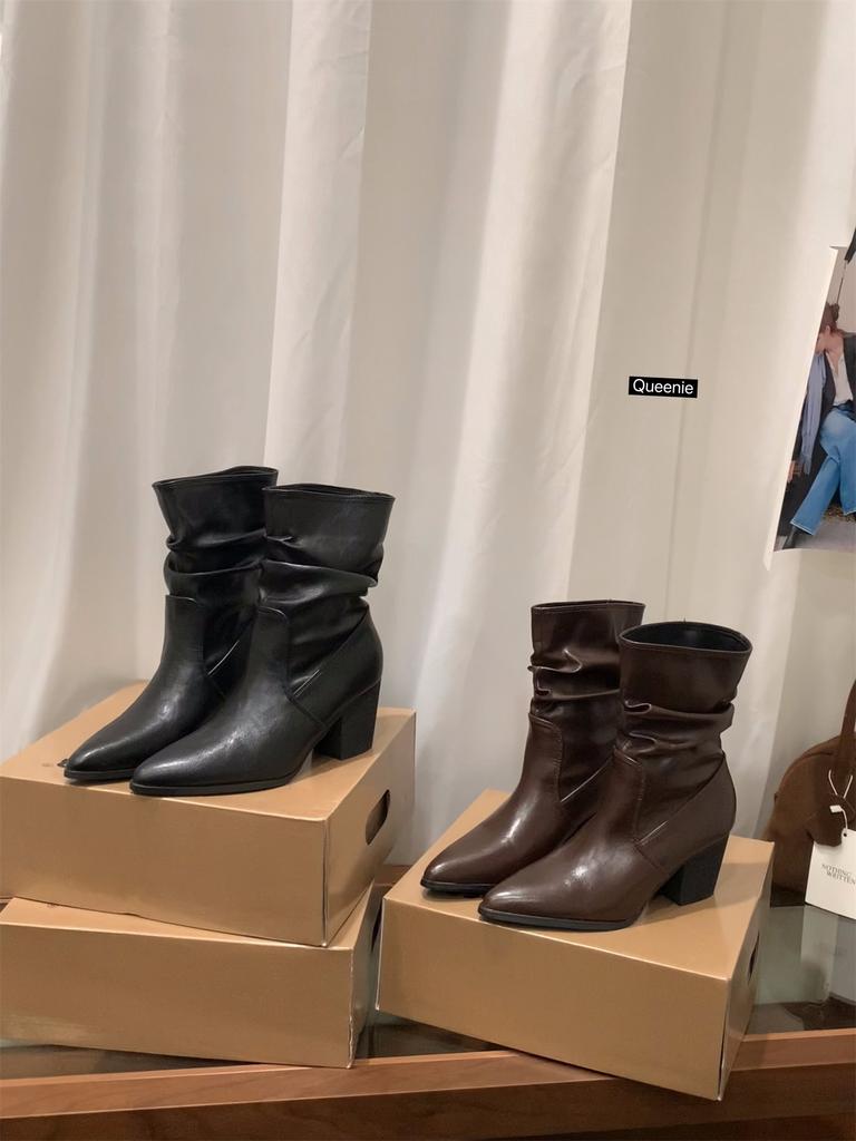 Brown Maillard Pointed High Heel Short Boots Women's Shoes 2025 Skinny Pile Boots Spring and Autumn Single Boots Coarse Heel Martin Boots