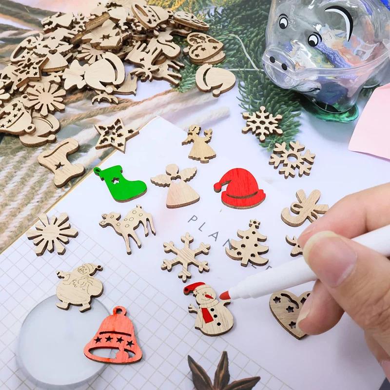 50pcs Mini Christmas Tree Hanging Decor Ornaments Wooden Santa Claus Snowman Deer Pendants Christmas Decorations Small Figurines