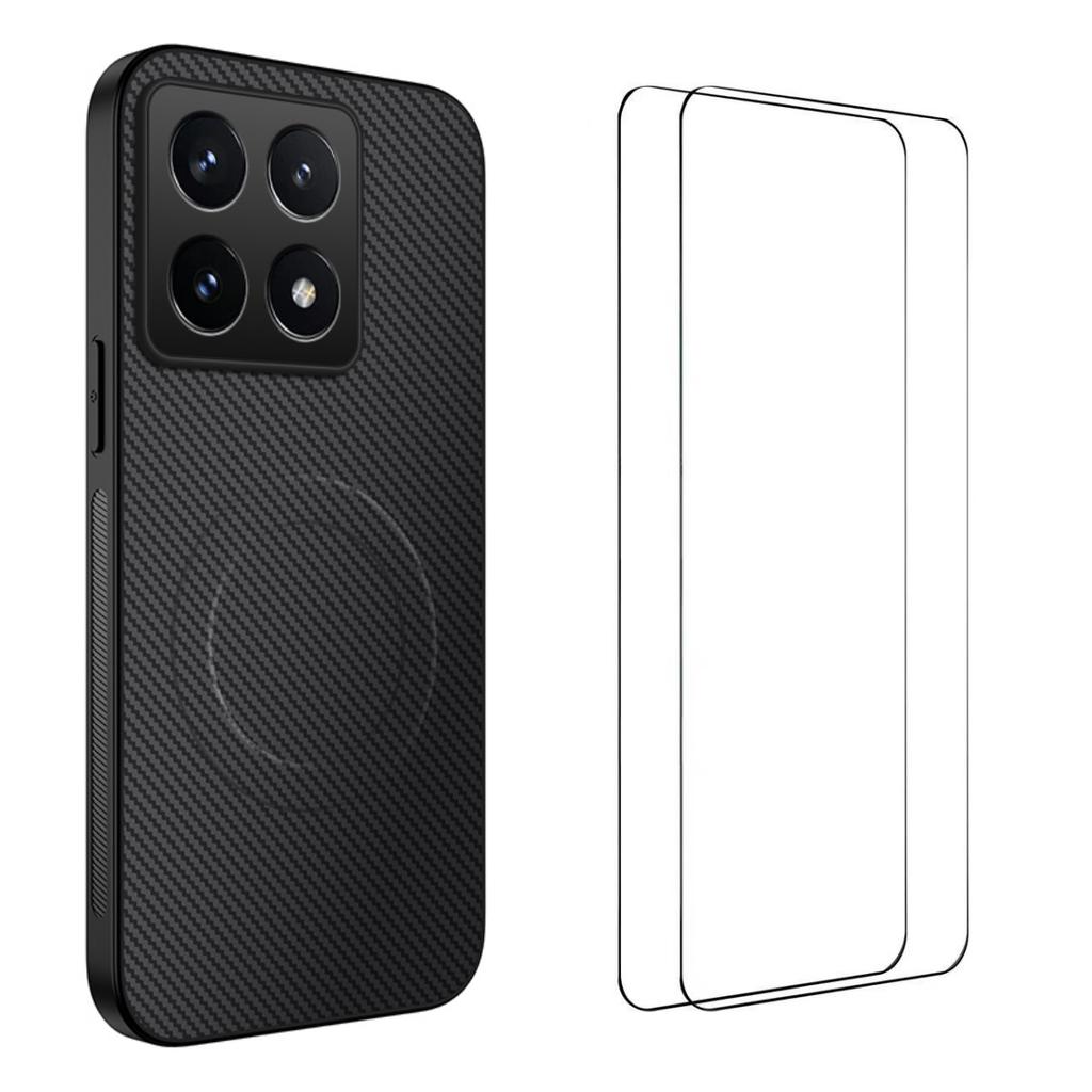 For Xiaomi 14T Pro Magnetic Case WANLONFENG TQ1 Series Carbon Fiber Texture PC TPU Phone Cover with 2Pcs Screen Films