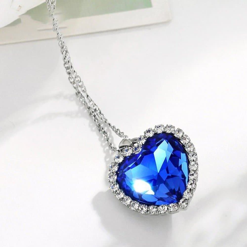 Small Blue Crystal Necklace Heart Gem Titanic Movie Girlfriend Couple Accessory