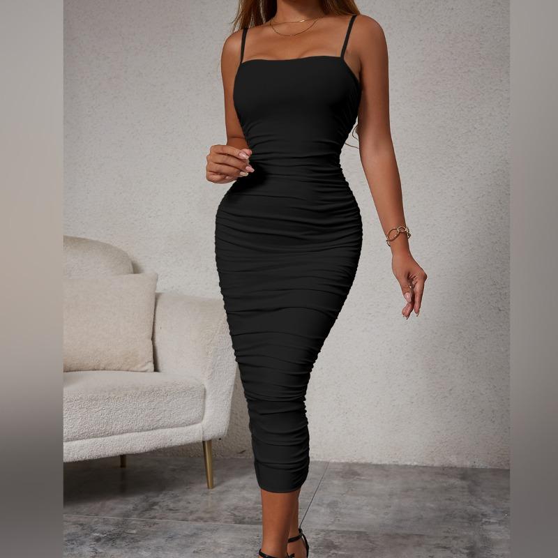 QICED Vestidos casuales sin mangas con cuello cuadrado y estampado de color sólido a la moda para mujer