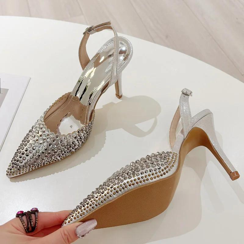 Fashion Eilyken Sexy Crystal Rhinestone Pointed Toe Women Pumps Buckle Strap Street Thin Heels Prom Party Shoes Zapatillas De Mujer