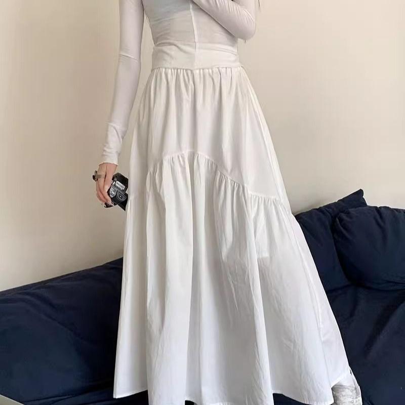 Spring New Elastic High Waist Fashion Loose Long Skirts Women Pleated Patchwork Summer A-line Skirt Female Elegant Temperament Simple Lady Skirt 26290