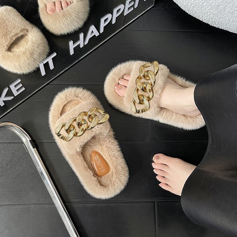 Thick-soled Mao Mao slippers women's outer wear 2025 new autumn and winter Mao Mao shoes home chain stepping on shit feeling one-word cotton drag