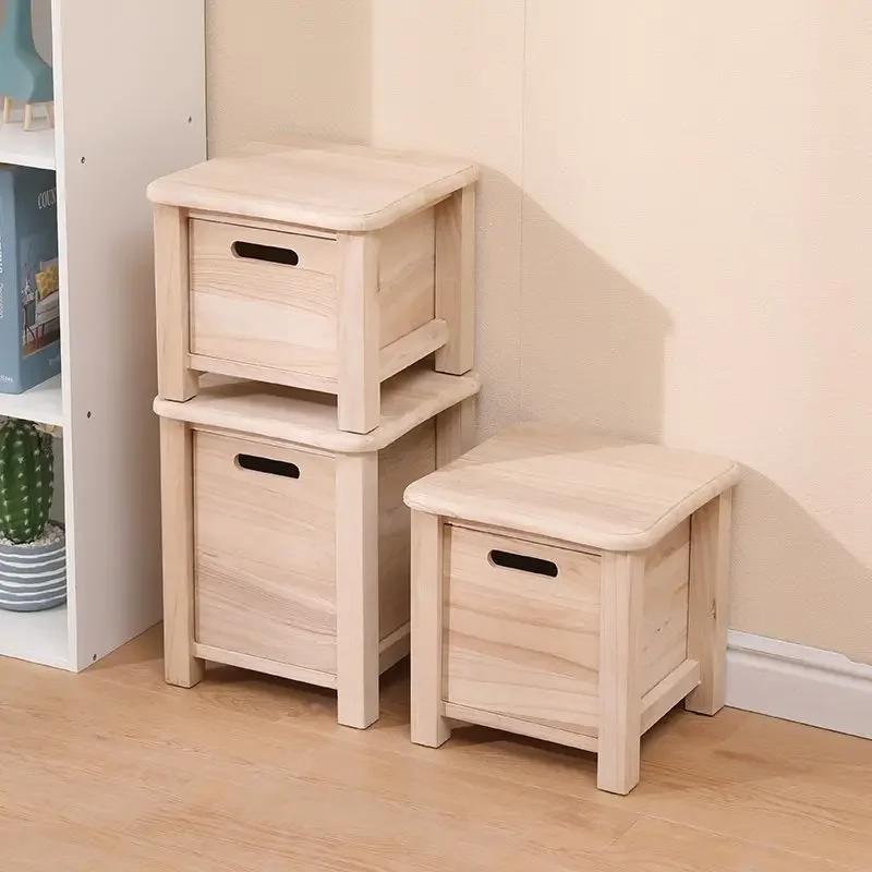 Solid Wood Square Stool with Storage Drawer Sofa Bedside Low Table Change Shoes Bench for Entrance Hallway Ottoman Cabinet