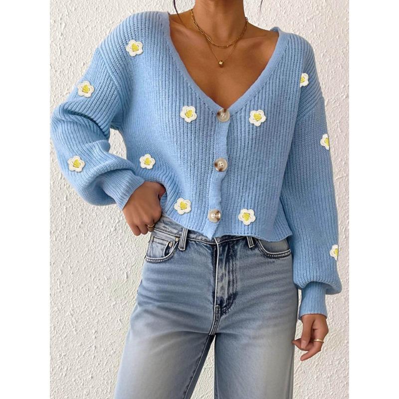Women Loose Long Sleeve V Neck Cropped Hand Crochet Flower Patchwork Cardigan Sweater