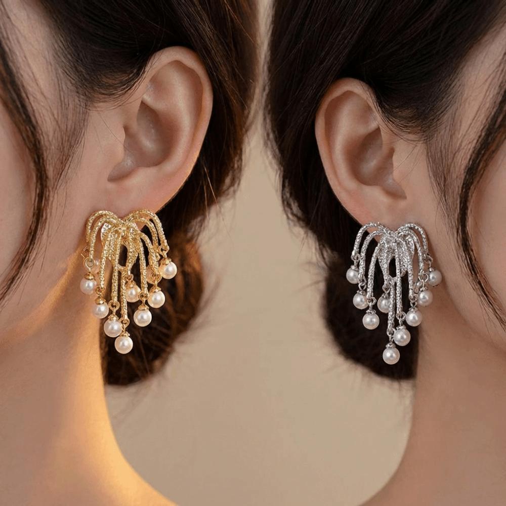 Genuine Gold Electroplated Pearl Earrings Silver Needle Imitation Pearls Drop Earrings Heart Zircon Tassel Earrings