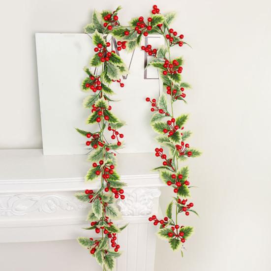 3.2FT Red Berry Christmas Garland with Green Leaves Artificial Christmas Garland Fireplace Table Centerpiece for Winter Holiday Decor