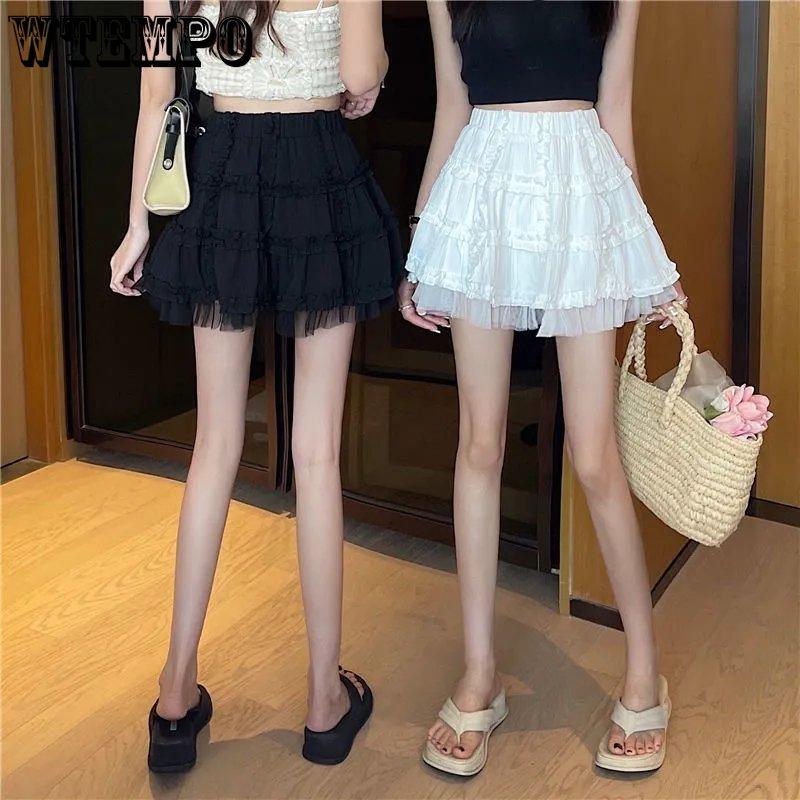 WTEMPO Kawaii Mini Sukně Dámské Lolita Krajka Volánky Patchwork Černá Sukně Preppy Styl Jednobarevné Korejské Sukně s Vysokým Pasem