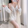 Sexy new pajamas with chest pads, women's spring and summer ice silk suspender shorts, three-piece nightgown set, loungewear