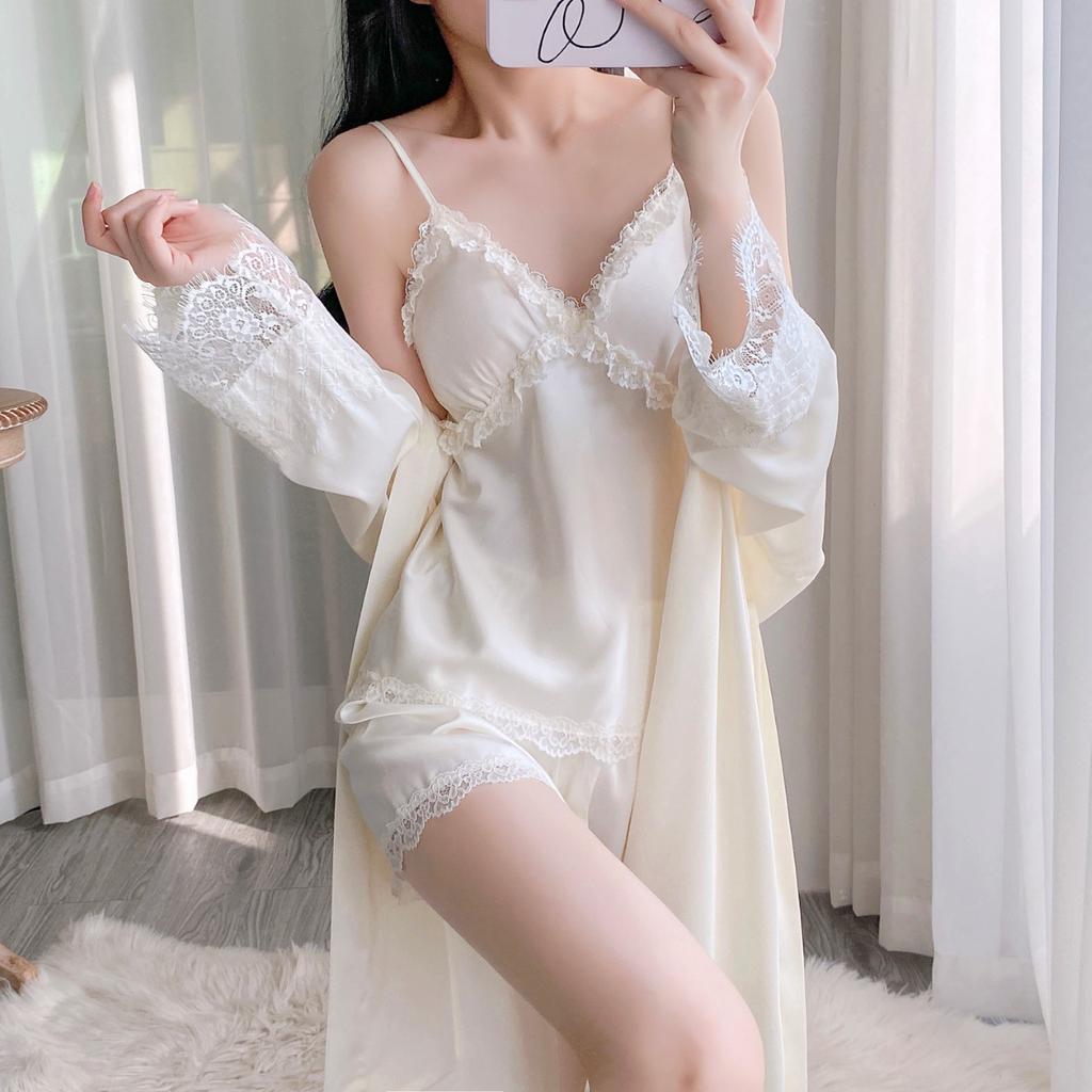 Sexy new pajamas with chest pads, women's spring and summer ice silk suspender shorts, three-piece nightgown set, loungewear