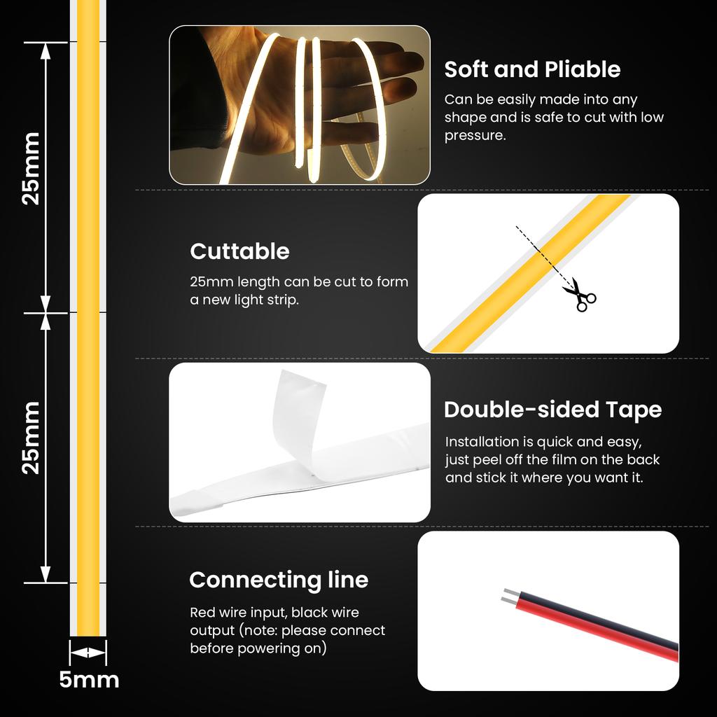 DC5V COB Strip 5MM Width Flexible Ribbon Tape Home Decor TV Backlight 320leds/m FOB LED Lights White/Warm White /Natural White
