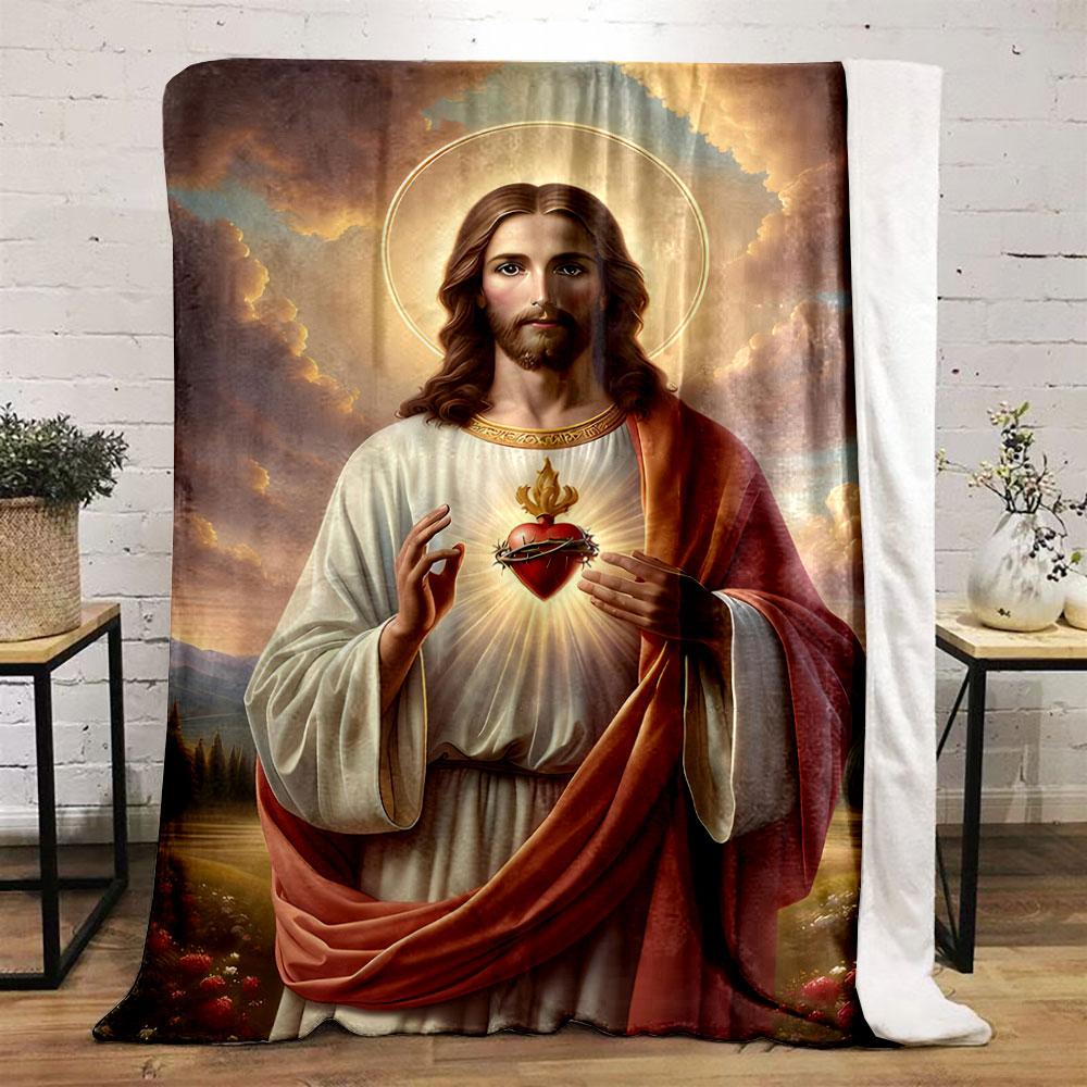 Sacred Heart Jesus Blanket  Printed Blanket for Living Room Bed Couch Lunch Break Soft Cozy Blanket for Friend's Festival Gift