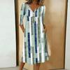 Rochie casual de damă la modă, cu imprimeu colorat, gât rotund, mânecă 3/4, guler cu nasturi, lungime medie