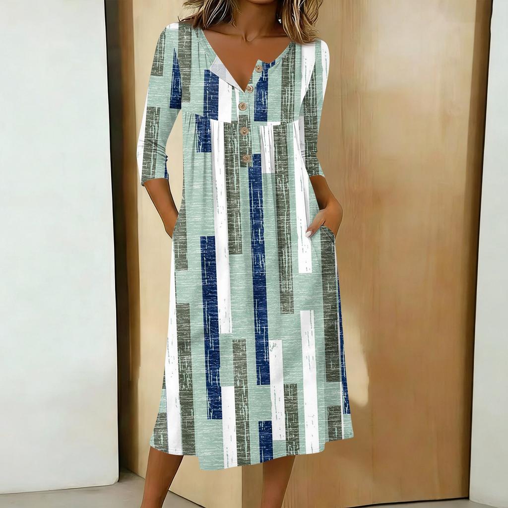Rochie casual de damă la modă, cu imprimeu colorat, gât rotund, mânecă 3/4, guler cu nasturi, lungime medie