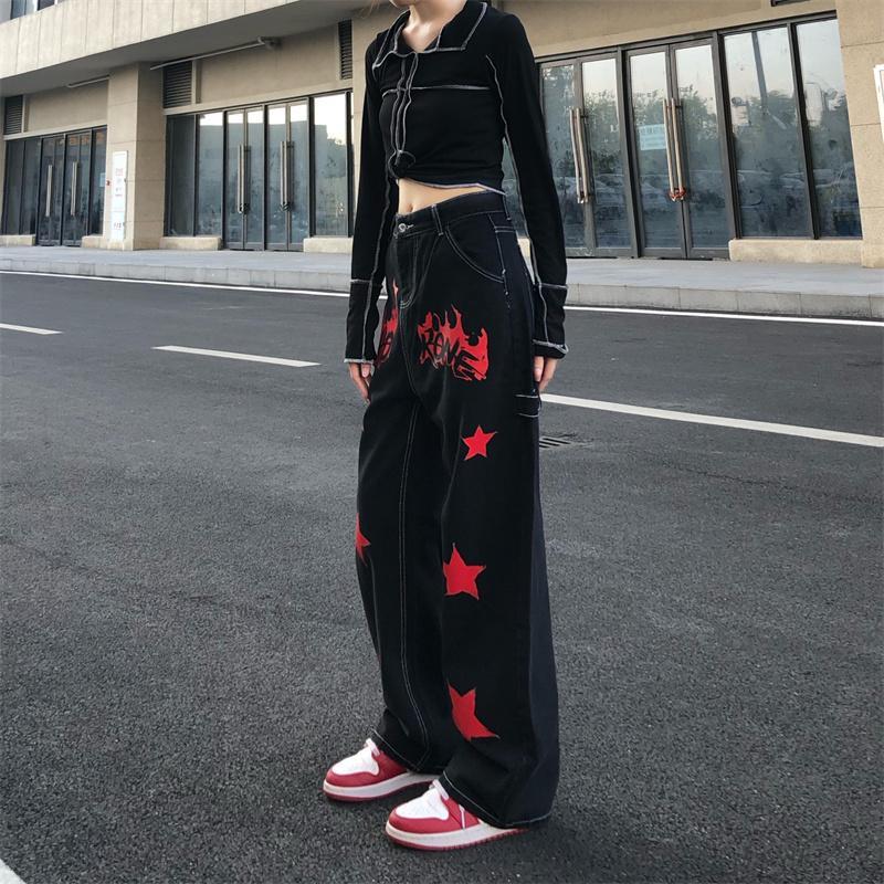 Hip Hop Vintage Women Black Red Jeans Streetwear Fashion Pants Star Painted High Waist Wide Leg Straight Casual Loose Trousers