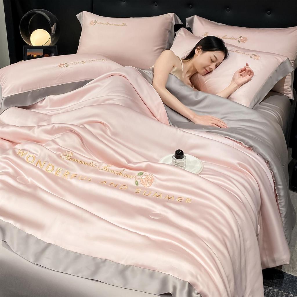 Luxury Washable Ice Silk Summer Quilt Set - Cool, Embroidered, Lightweight Four-Piece Bedding for Air Conditioning