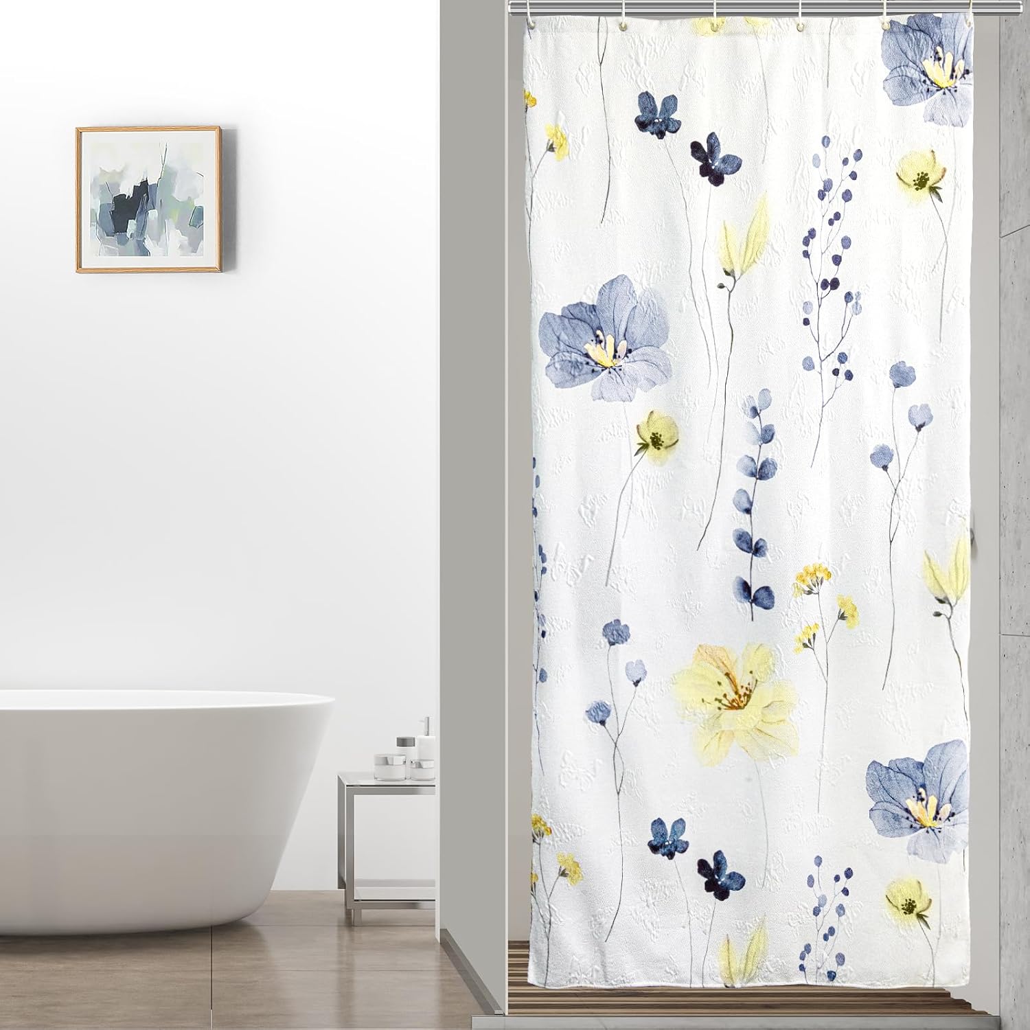 

QiyI Watercolor Floral Shower Curtain, 3D Embossed Butterflies, Grey Beige Flower, Minimalist White, Waterproof Fabric Textured 120x180cm