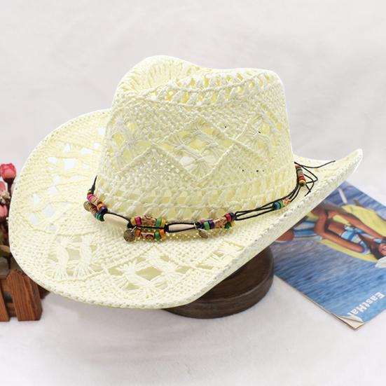 Ψάθα Καπέλο με Προστασία UPF 50+ Ρυθμιζόμενο Λουράκι Πηγουνιού Διακόσμηση με Χάντρες Διάτρητο Σχέδιο Αναπνεύσιμη Πλέξη Ρετρό Ντένιμ Ψάθα Καπέλο