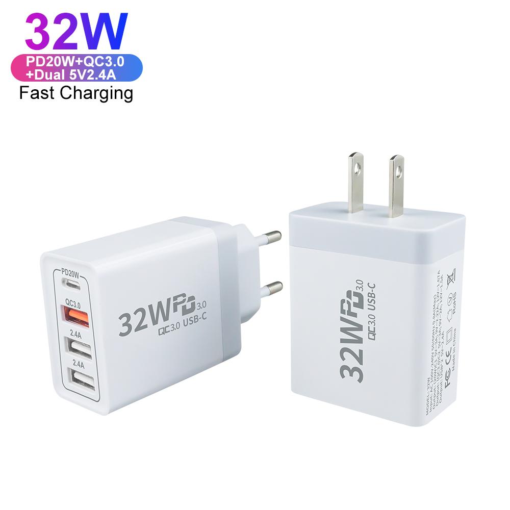EU US Plug PD QC3.0 4 Port Charger 20W Charger Type C USB C Fast Charger Type-C Fast Charging Adapter for Apple IPhone Android