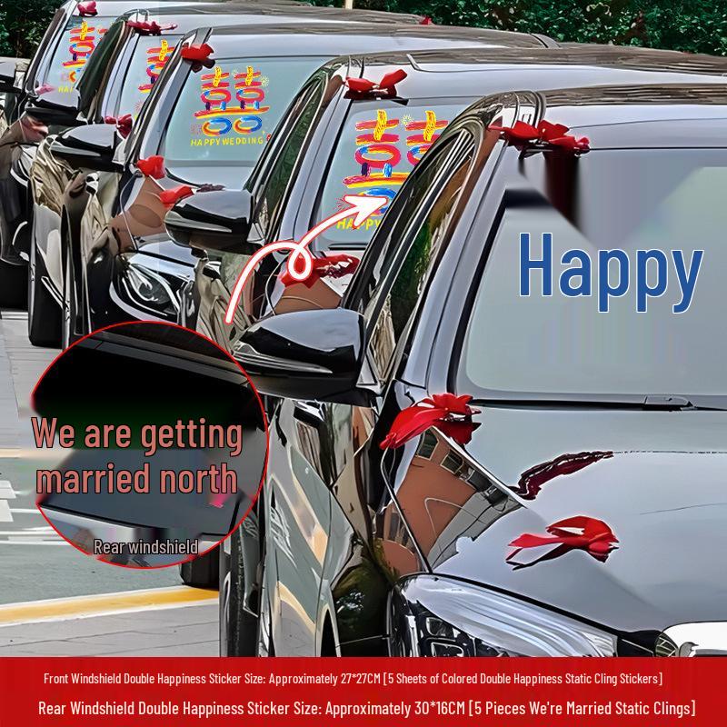 Wedding Car Decoration Set: Ribbons, Flowers, Mirror Arrangements, Double Happiness Stickers