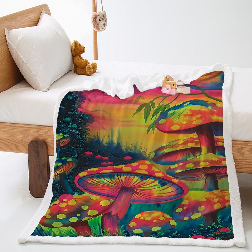 Funny Cartoon Mushroom Print Thickened Lamb Wool Crystal Fleece Retro Blanket Blanket Minimum Order One Piece