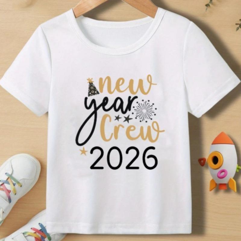 Kids Crew Neck Short Sleeve T-Shirt with Happy New Year & 2026 Print 110