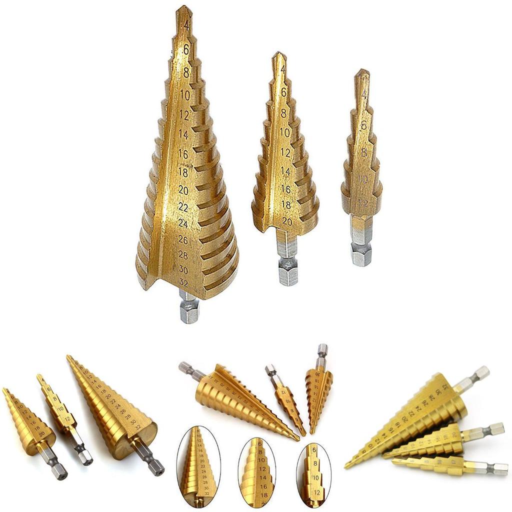 Versatile 3 Pcs 4-12/20/32mm Large Hss Steel Step Cone Drill Titanium Bit Hole Cutter Set For Various Materials