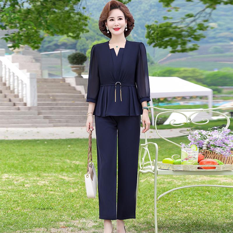 

Elegant Chiffon Suit: Long-Sleeved Top & Pants Two-Piece Set for Women, Stylish Summer Fashion for Ages 40-50+ 3XL