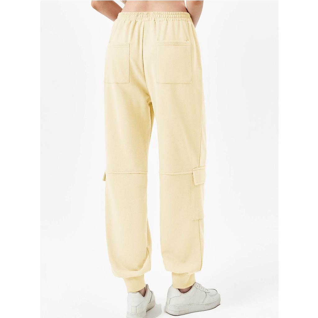 Women Elastic High Waist  Casual Active Fit Wide Long Leg Pants Trousers With Pockets