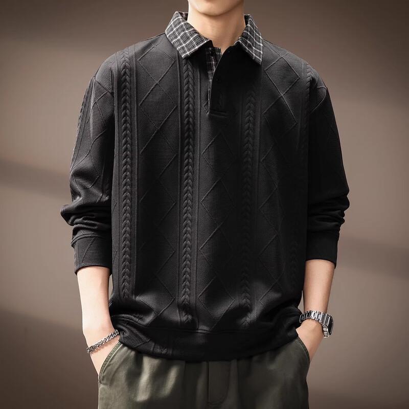 Men's Faux Two-Piece Wheat Texture Long Sleeve Polo Sweatshirt