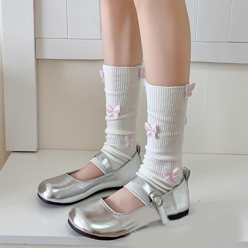 Womens Girls Ballet Style Ribbed Knit Stretch Leg Warmer Japanese Aesthetic Sweet 3D Butterfly Leg Cover Footless Socks
