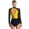 Womens Figure Skating Bodysuit Color Block Patchwork Keyhole Back Sheer Mesh Long Sleeve Rhinestone Leotard