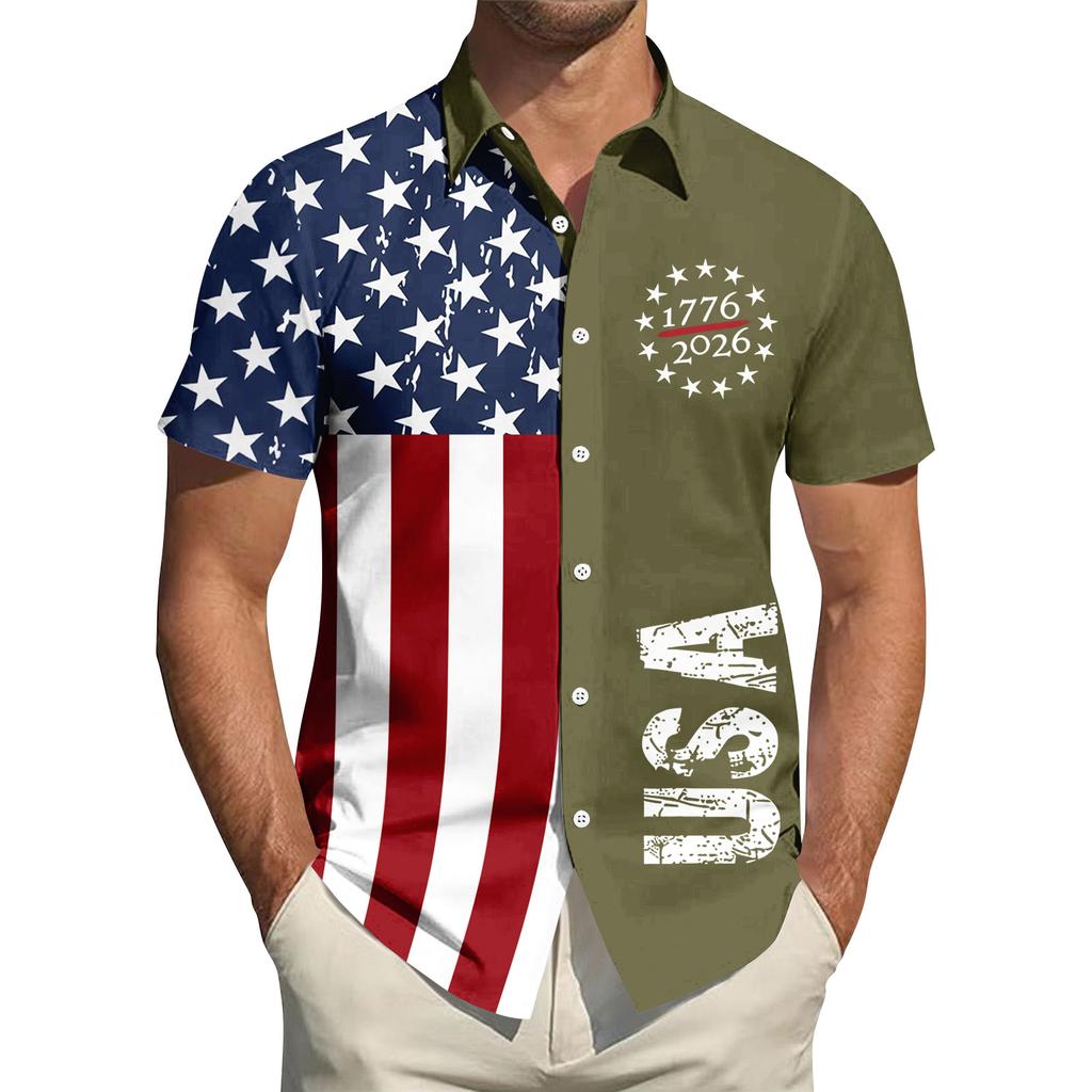 Camisa de manga corta casual deportiva para hombre con estampado del Día de la Independencia y cuello