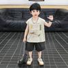 2026 Boys' Summer Outfit: Hand-Painted Animal Print Sleeveless Vest & Gauze Lantern Pants for Toddlers and Young Children