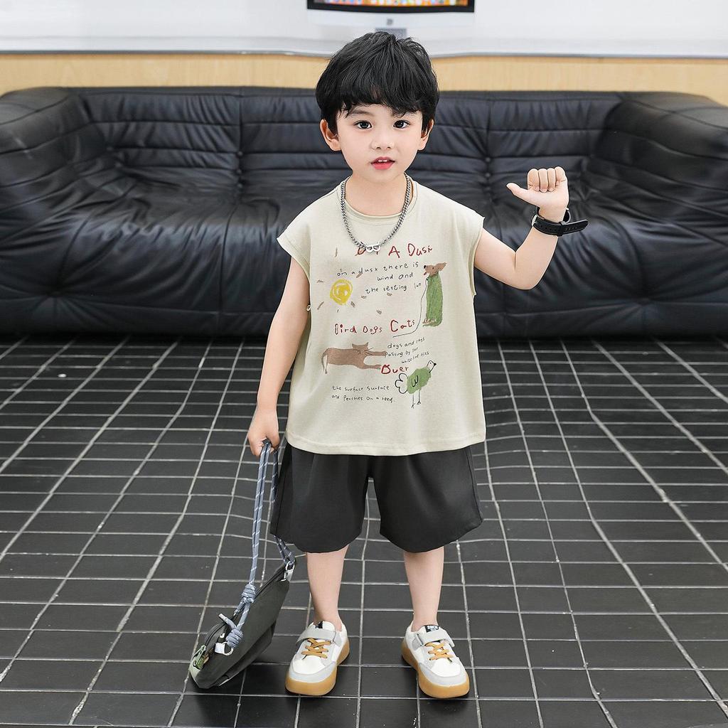 2026 Boys' Summer Outfit: Hand-Painted Animal Print Sleeveless Vest & Gauze Lantern Pants for Toddlers and Young Children