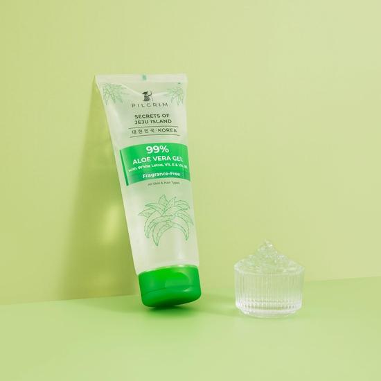 PILGRIM Korean 99% Pure Aloe Vera Gel 200ml with Vitamin E & Vitamin B5 for Face & Hair | Hydrates & Soothes Skin | Conditions & Softens Hair