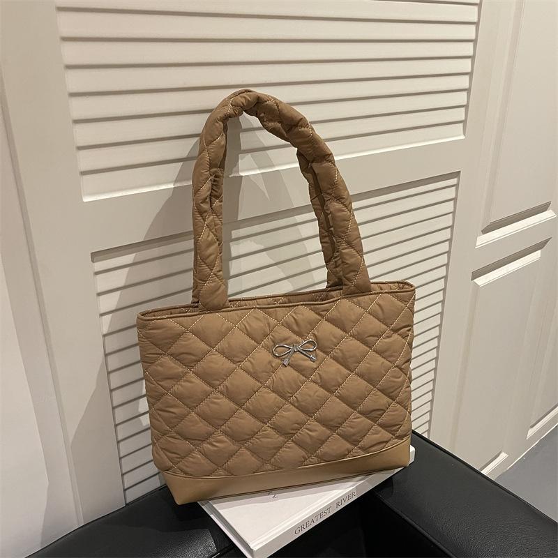 Autumn Bow Quilted Design Women Shoulder Bags Large Capacity Solid Color Ladies Tote Bag College Style Simple Girls Handbags