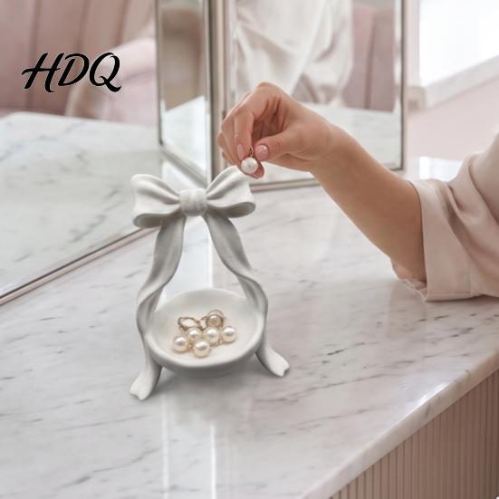 Elegant Jewelry Holder Storage Tray with Bow Decor Decorative Cream Trinket Dish 3D Dressing Table Accessory Print PETG Space Saving Display