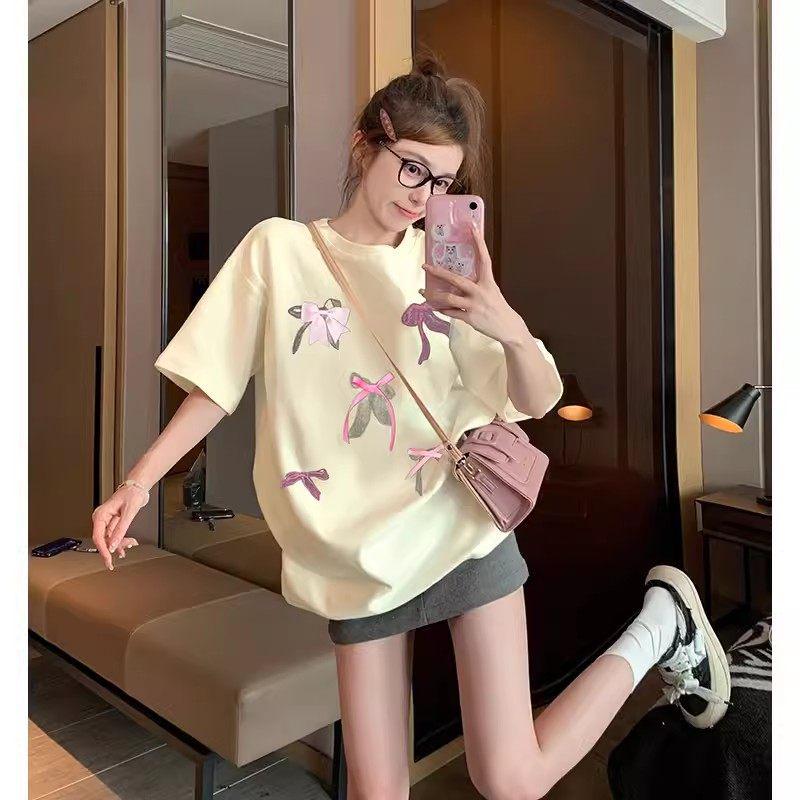 Plus Size Korean Cotton Bow Print Short Sleeve T-shirt for Women - Sweet, Loose, Versatile Slimming Summer Top