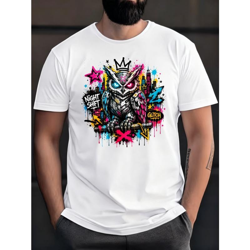 European Size Graphic Streetwear Men'S T-Shirt Soft Breathable Solid Tee for Daily Wear Owl King Urban Graffiti Design Night Shirt