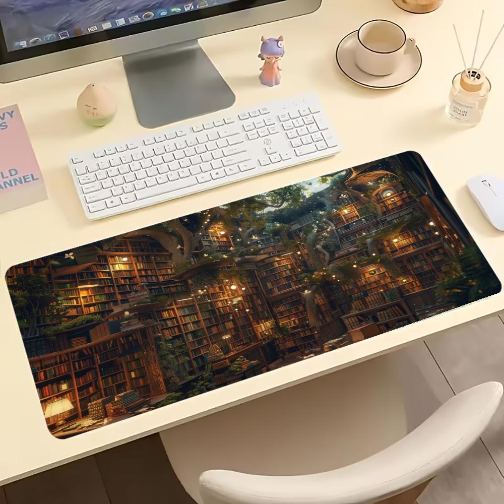 Magical Library Extended Gaming Mousepad Non Slip Desk Mat Vintage Fantasy Art Keyboard Mousepad For Laptop Desktop Office Decor