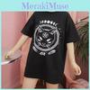 Damen Mädchen Lustiges Kurzarm Mond Katze Print Punk Gothic Lässiges Oberteil Bluse