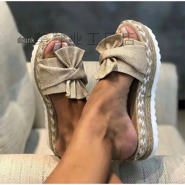 Summer 2020 Women's Wedge Heel Bowknot Slippers with Thick Hemp Rope Sole, Plus Size