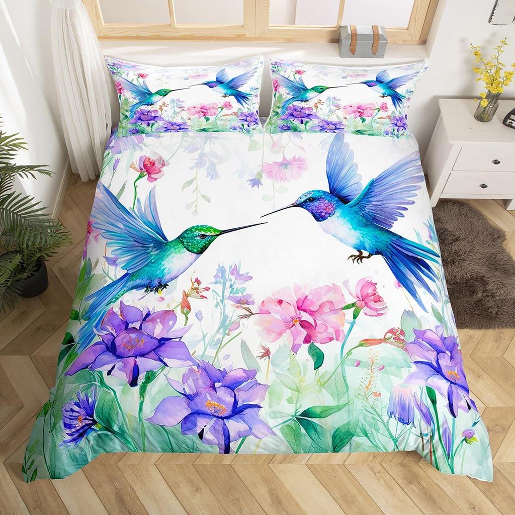 Hummingbird Floral Duvet Cover Birds Bedding Set Blue Green Spring Wild Animals Botanical Comforter Cover Polyester Quilt Cover