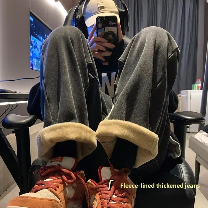 

Бархатная подкладка Джинсы с высокой посадкой Свободного кроя Женские Зимние Прямые Широкие Брюки Износостойкие Джинсы XS чёрный